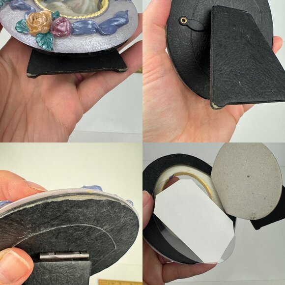 Vtg Tabletop Oval Mini Pic Frame Iridescent Purple w 3D Roses Flowers Ribbons - Picture 7 of 13